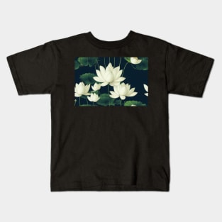 White Lotus Flowers on Navy Background Kids T-Shirt